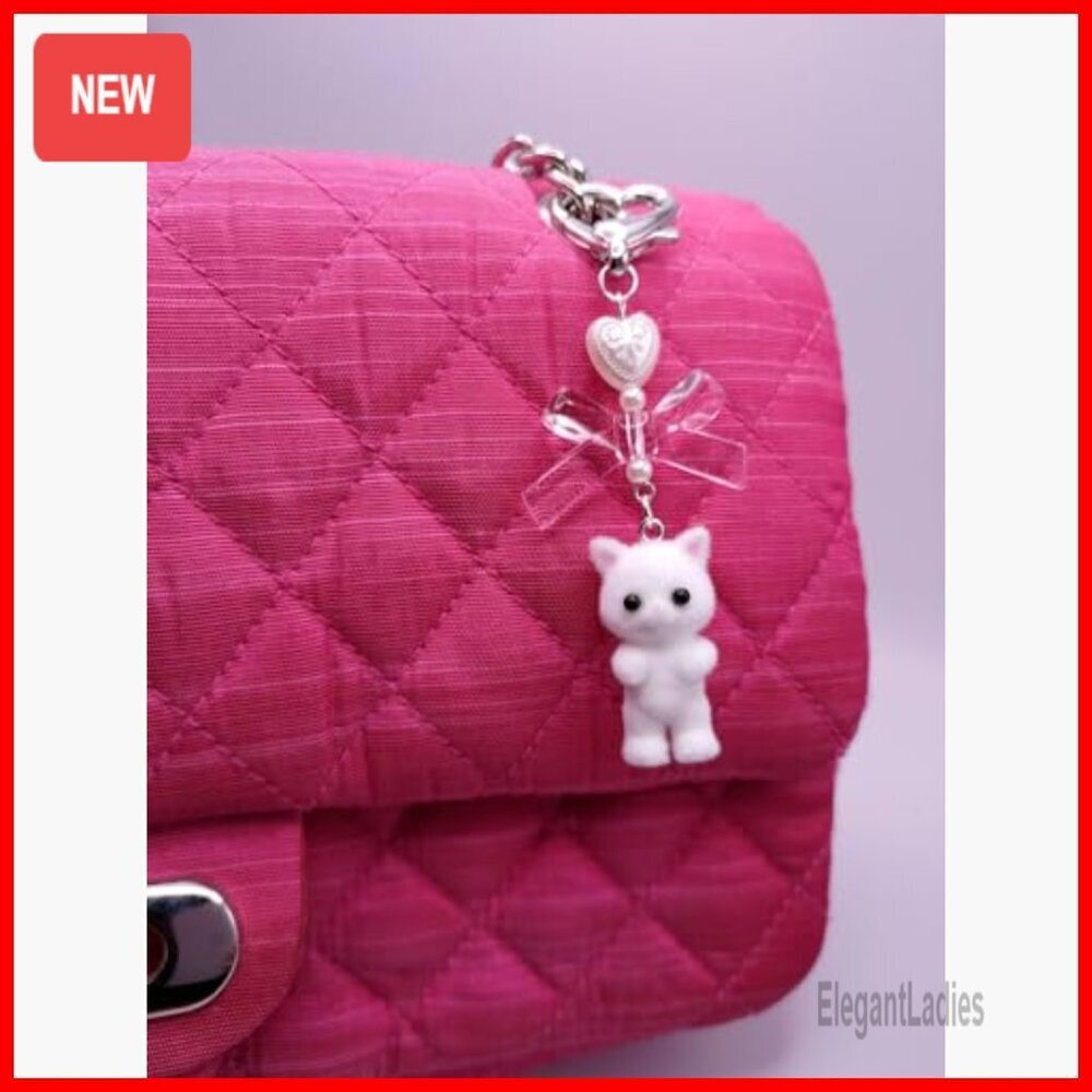 Faux Fur Cat Keychain with Heart Clip, 9cm Bag Charm - Picture 6 of 7